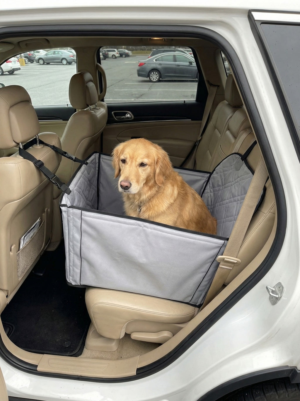 Golden retriever in CuddleCruiser dog car seat in SUV